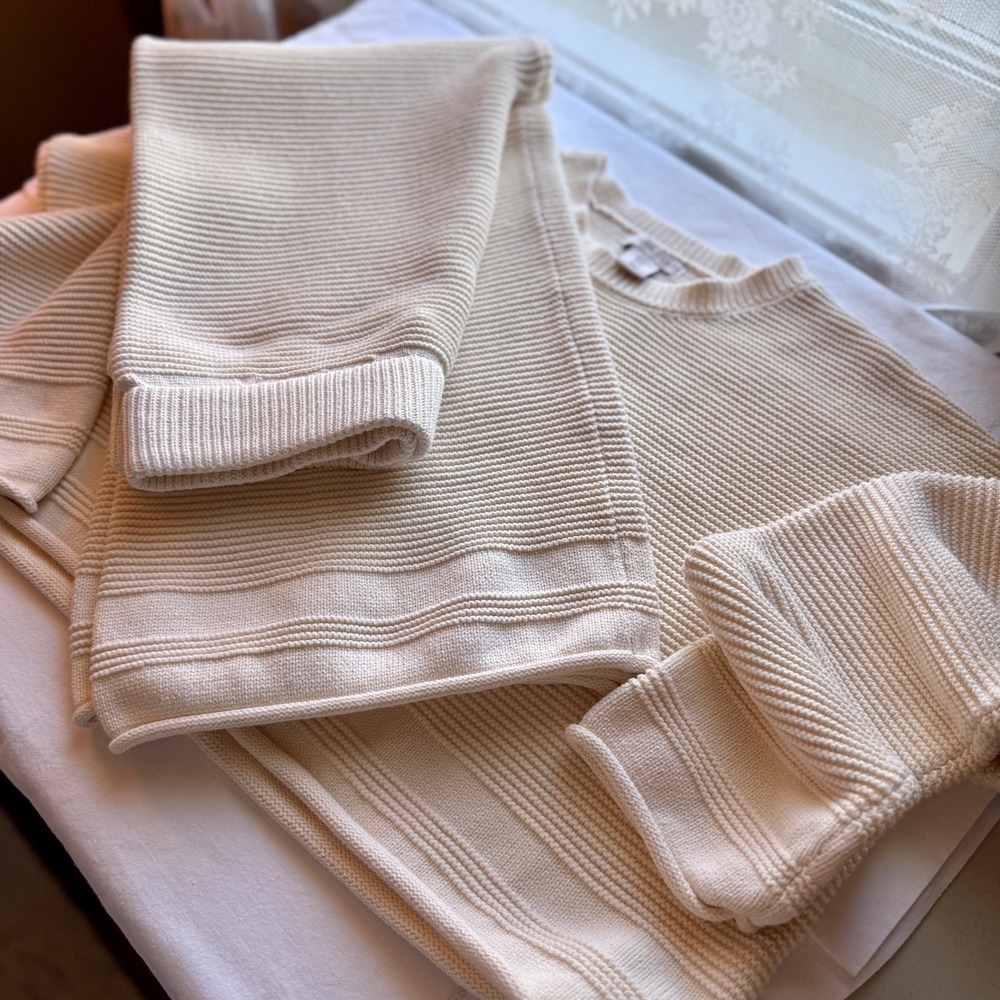 Sincerely Jules Sweater Pants SET Cream Ribbed Knit Pullover Wide Leg XL Minimal
